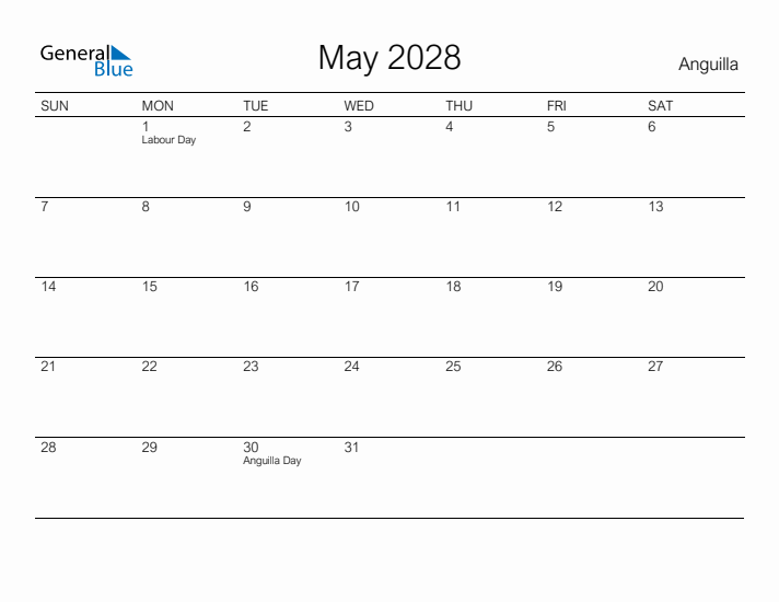 Printable May 2028 Calendar for Anguilla