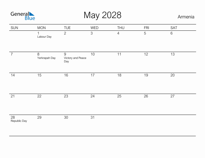Printable May 2028 Calendar for Armenia