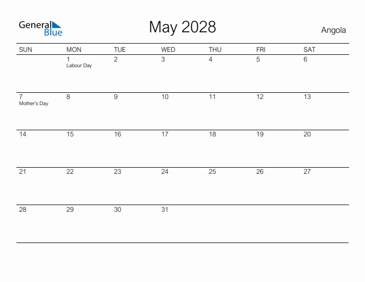 Printable May 2028 Calendar for Angola