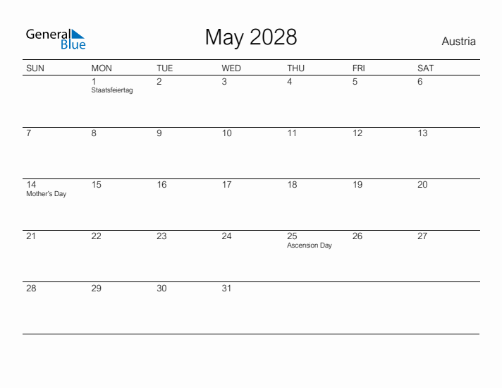 Printable May 2028 Calendar for Austria