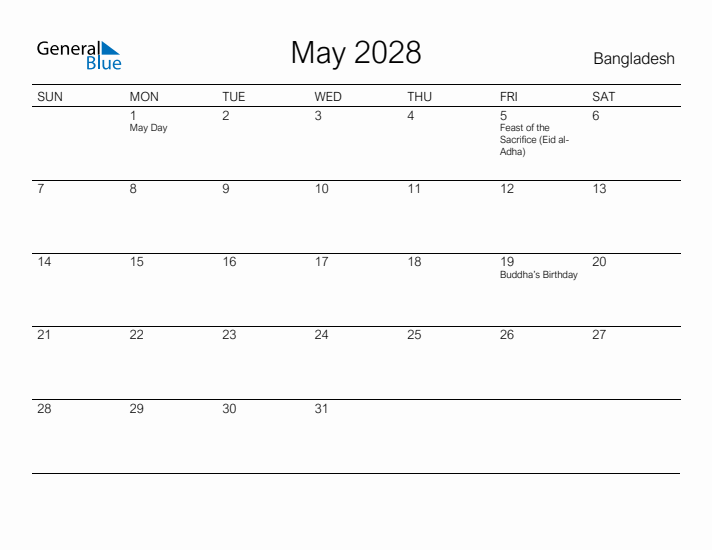 Printable May 2028 Calendar for Bangladesh