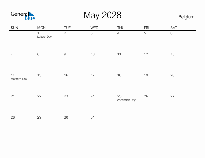 Printable May 2028 Calendar for Belgium