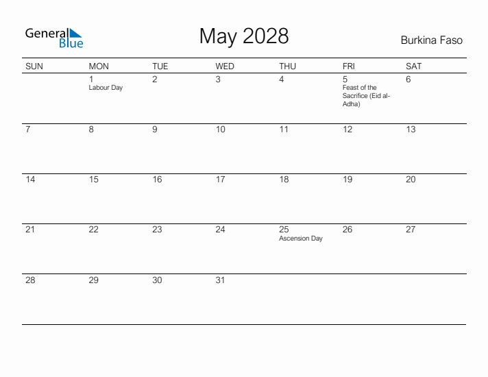 Printable May 2028 Calendar for Burkina Faso