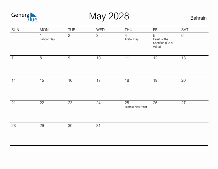 Printable May 2028 Calendar for Bahrain
