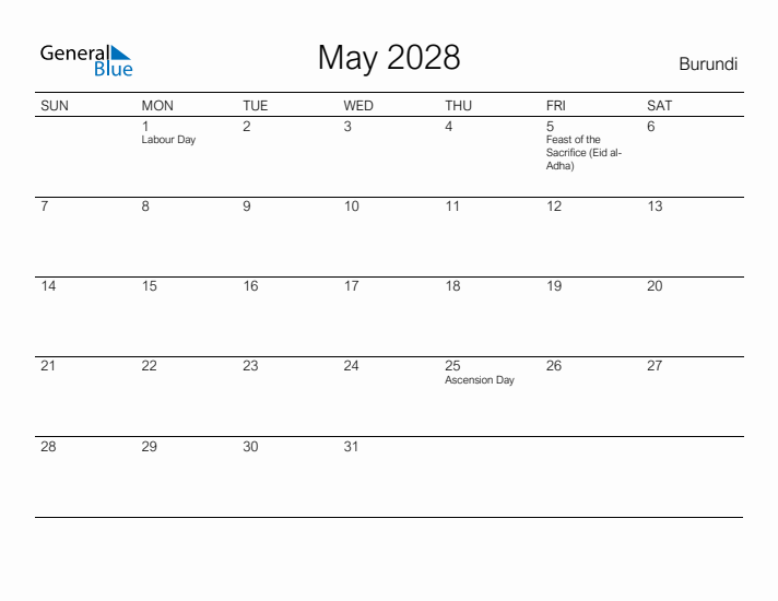 Printable May 2028 Calendar for Burundi