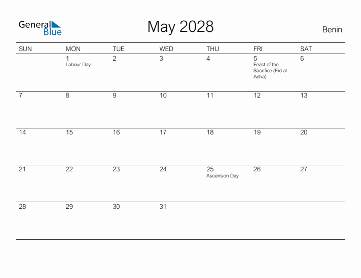 Printable May 2028 Calendar for Benin