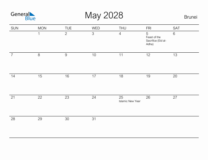Printable May 2028 Calendar for Brunei