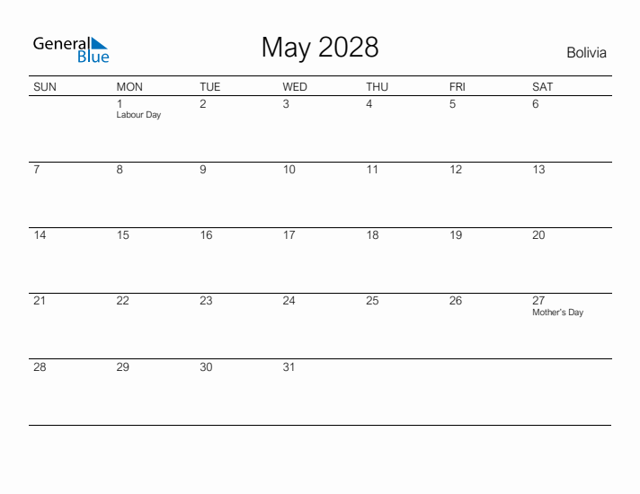 Printable May 2028 Calendar for Bolivia