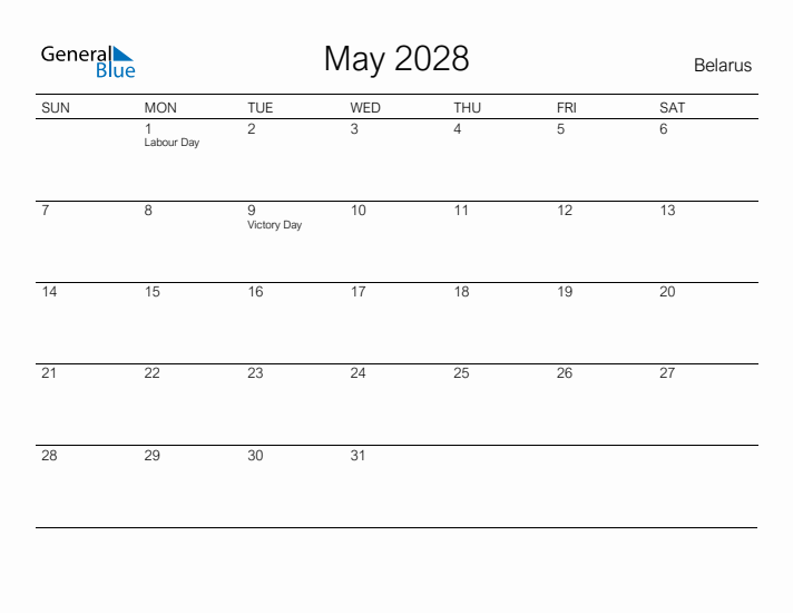 Printable May 2028 Calendar for Belarus