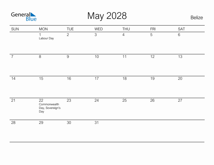Printable May 2028 Calendar for Belize