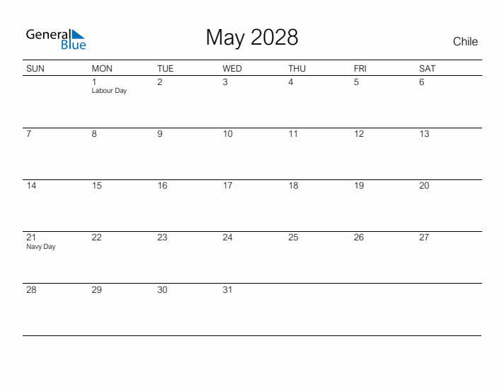 Printable May 2028 Calendar for Chile