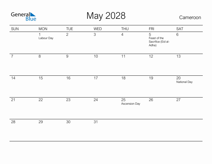 Printable May 2028 Calendar for Cameroon