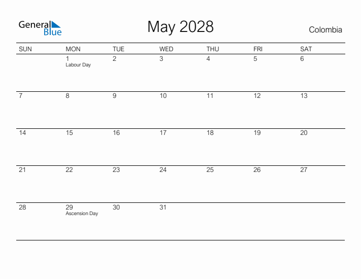 Printable May 2028 Calendar for Colombia