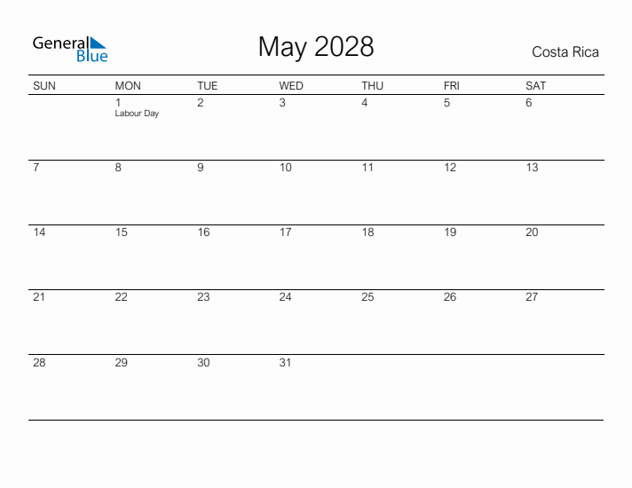 Printable May 2028 Calendar for Costa Rica