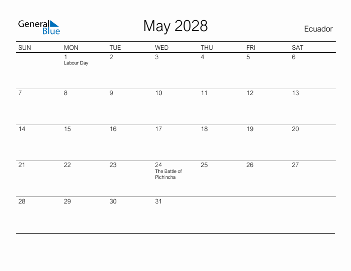 Printable May 2028 Calendar for Ecuador
