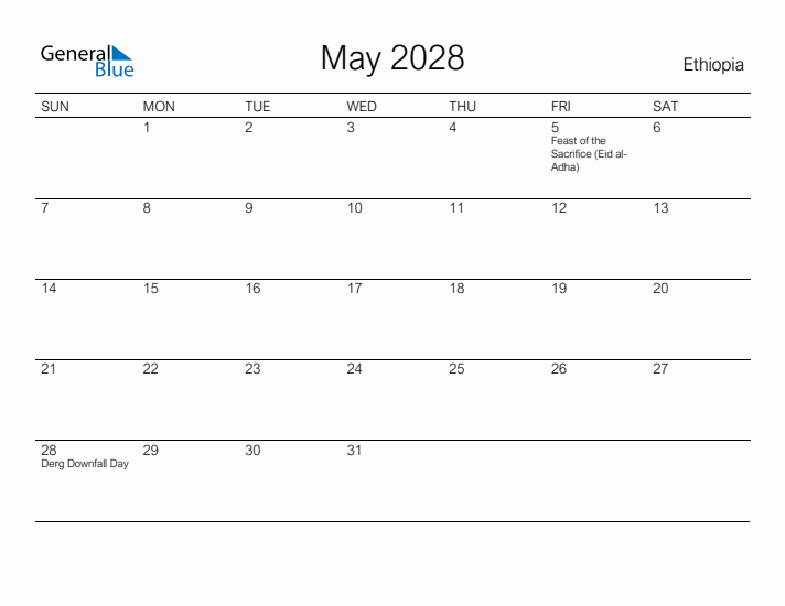 Printable May 2028 Calendar for Ethiopia