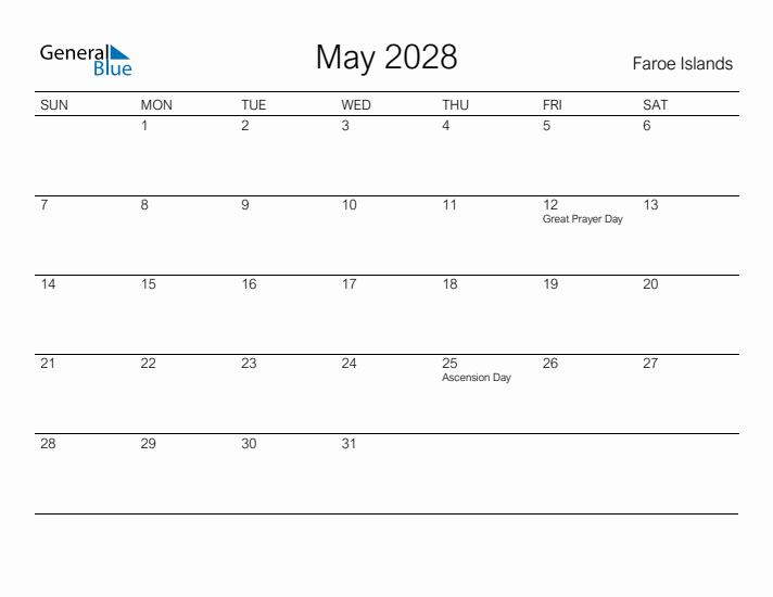 Printable May 2028 Calendar for Faroe Islands