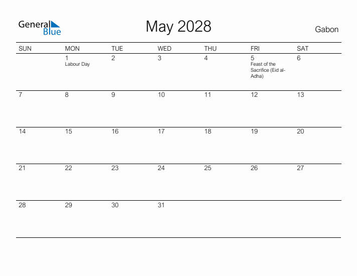 Printable May 2028 Calendar for Gabon