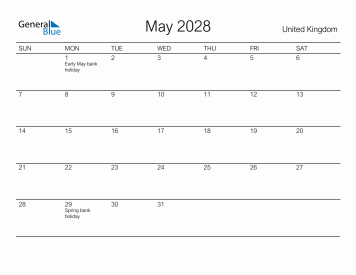 Printable May 2028 Calendar for United Kingdom