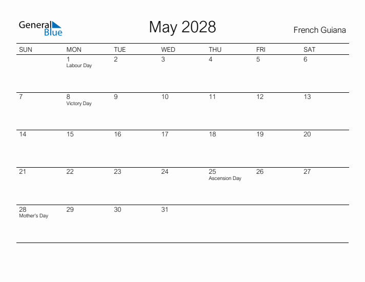 Printable May 2028 Calendar for French Guiana