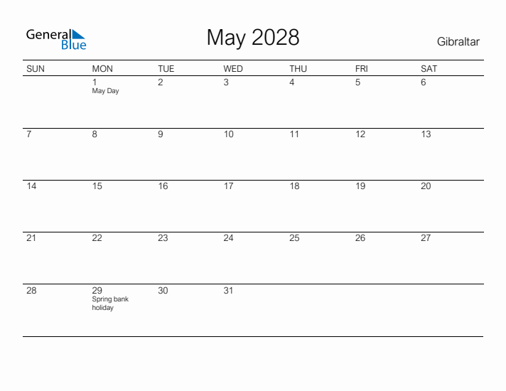 Printable May 2028 Calendar for Gibraltar