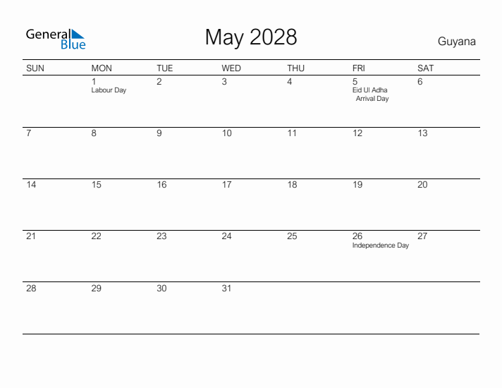 Printable May 2028 Calendar for Guyana