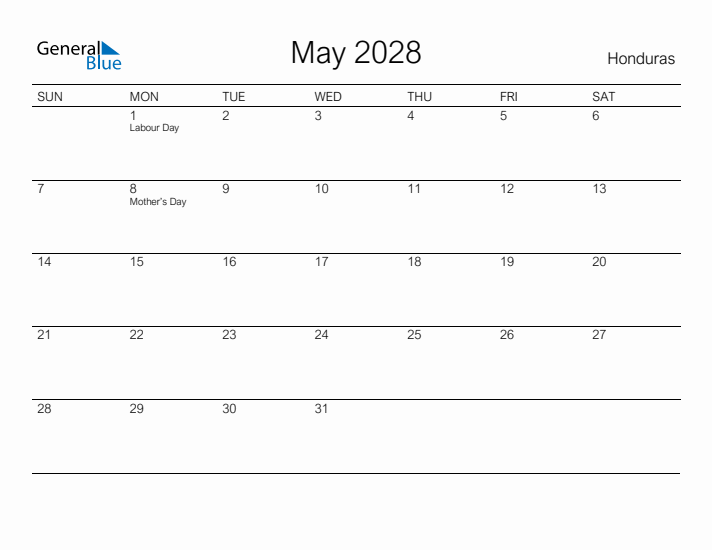 Printable May 2028 Calendar for Honduras