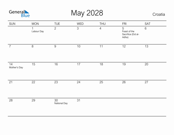 Printable May 2028 Calendar for Croatia