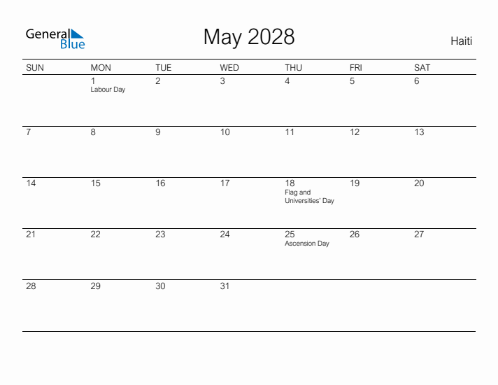 Printable May 2028 Calendar for Haiti