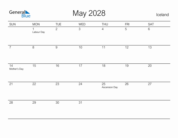 Printable May 2028 Calendar for Iceland