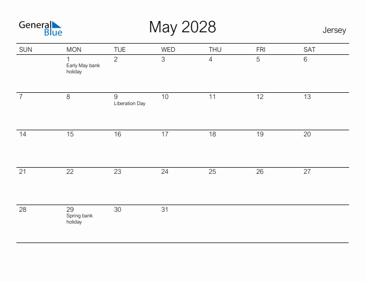 Printable May 2028 Calendar for Jersey