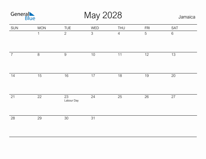 Printable May 2028 Calendar for Jamaica