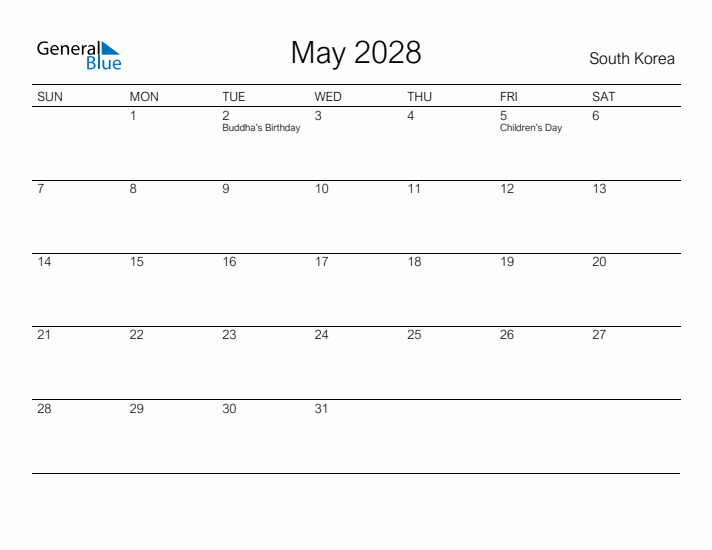 Printable May 2028 Calendar for South Korea