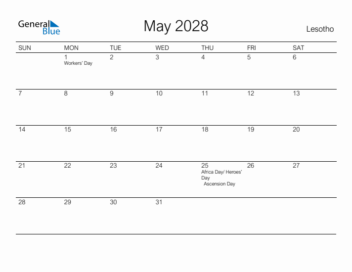 Printable May 2028 Calendar for Lesotho