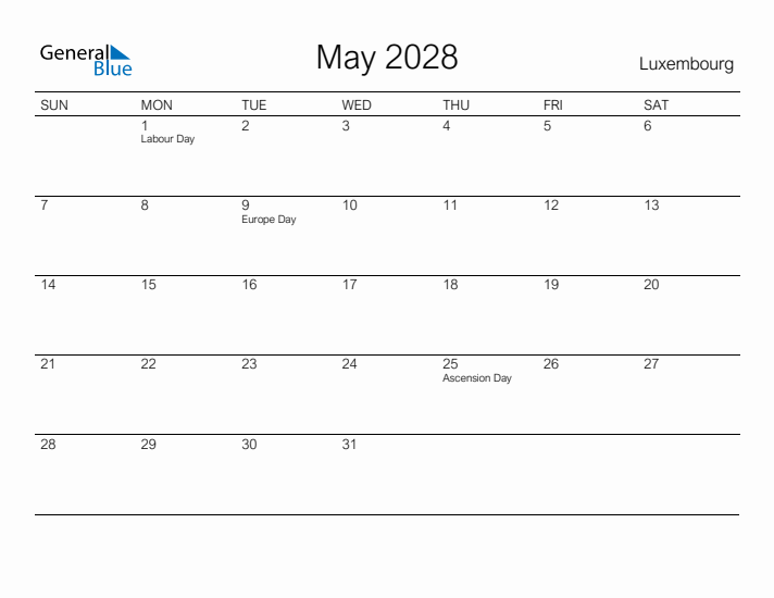 Printable May 2028 Calendar for Luxembourg