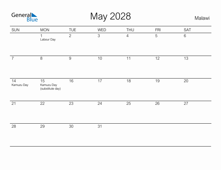 Printable May 2028 Calendar for Malawi