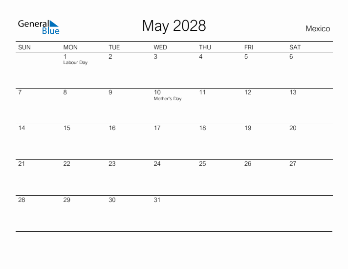 Printable May 2028 Calendar for Mexico