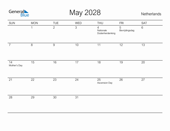 Printable May 2028 Calendar for The Netherlands