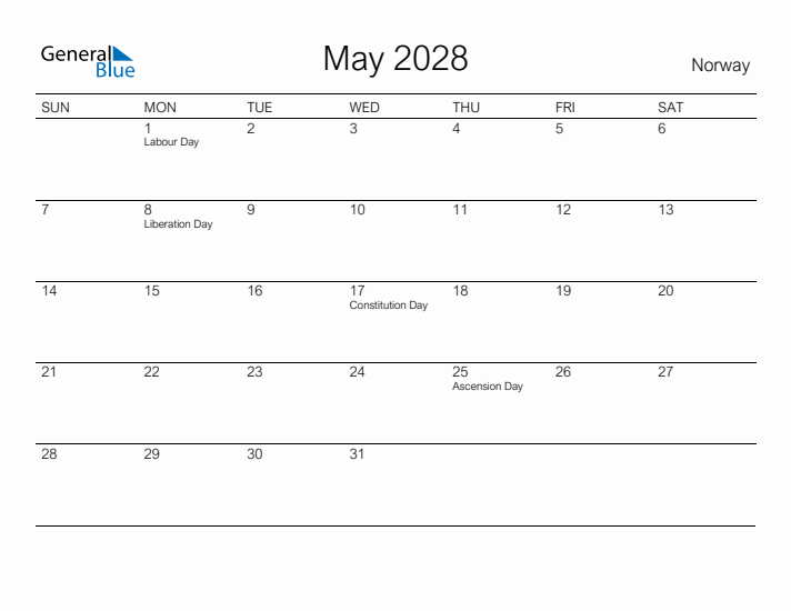 Printable May 2028 Calendar for Norway