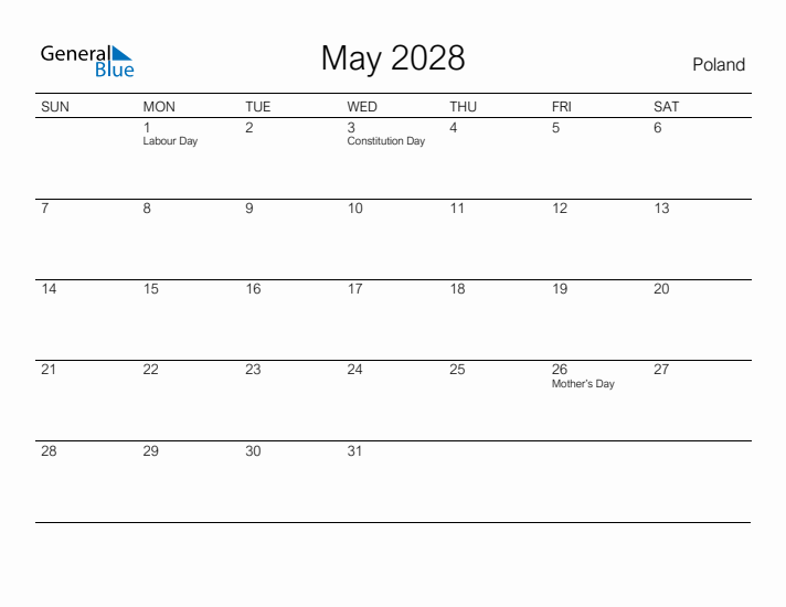 Printable May 2028 Calendar for Poland