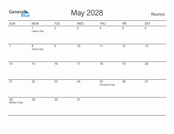 Printable May 2028 Calendar for Reunion