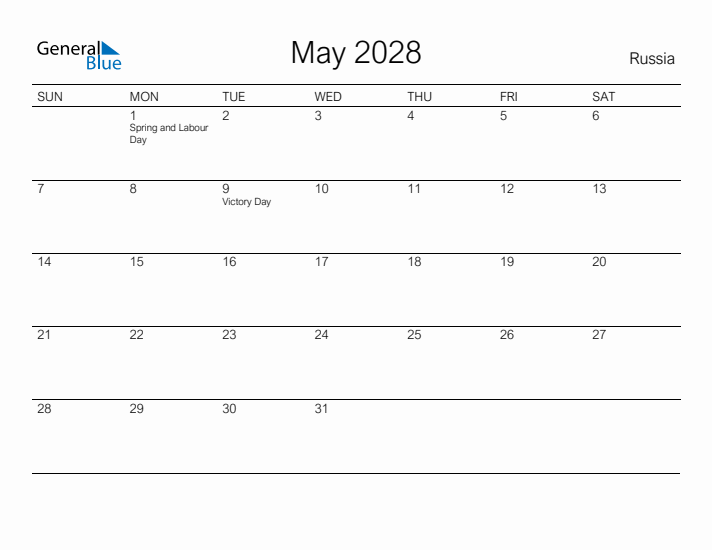 Printable May 2028 Calendar for Russia