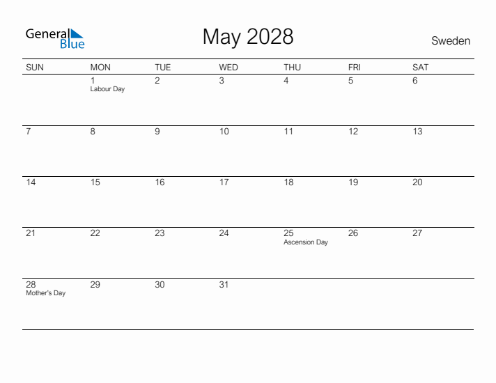 Printable May 2028 Calendar for Sweden