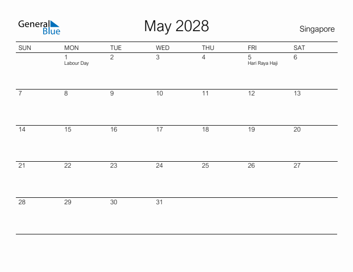 Printable May 2028 Calendar for Singapore