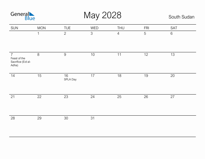 Printable May 2028 Calendar for South Sudan