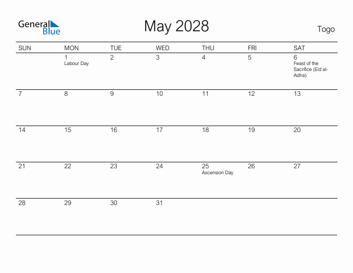 Printable May 2028 Calendar for Togo