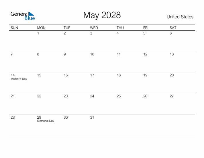 Printable May 2028 Calendar for United States