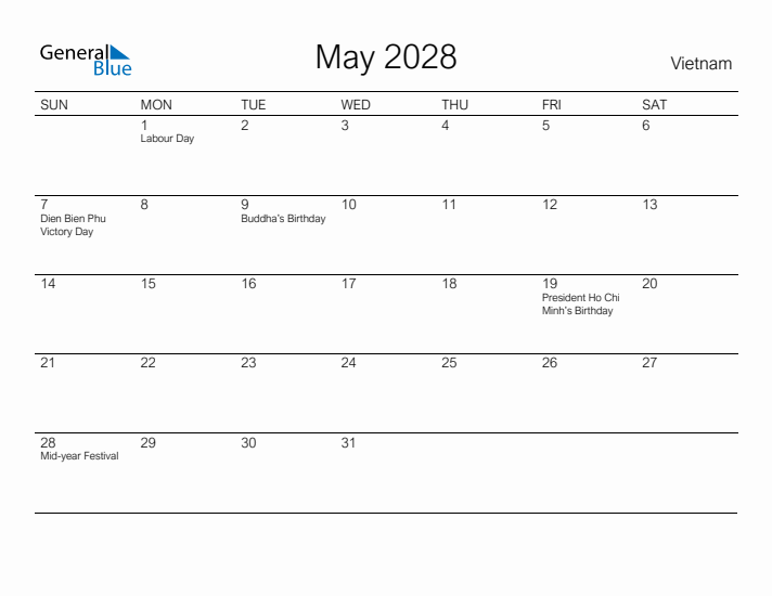 Printable May 2028 Calendar for Vietnam