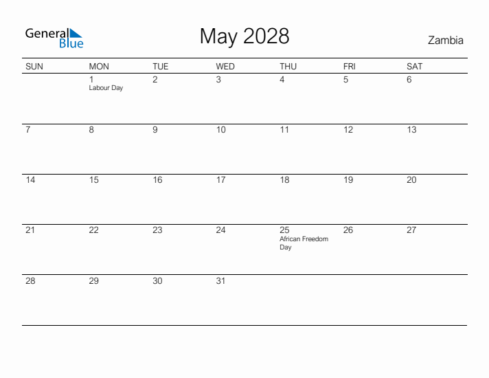 Printable May 2028 Calendar for Zambia