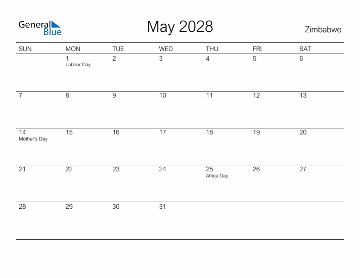 Printable May 2028 Calendar for Zimbabwe